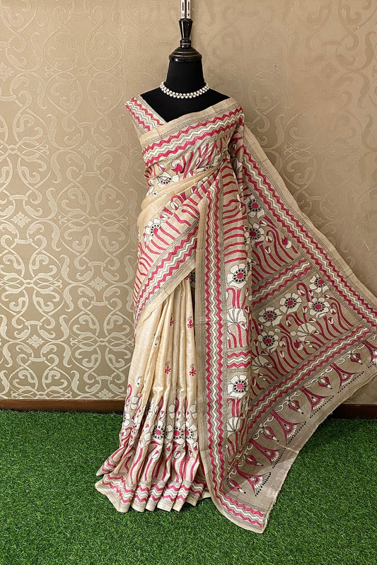 Offwhite Pink Pure Tussar Bengal Kantha Stitch Saree, With Blouse.