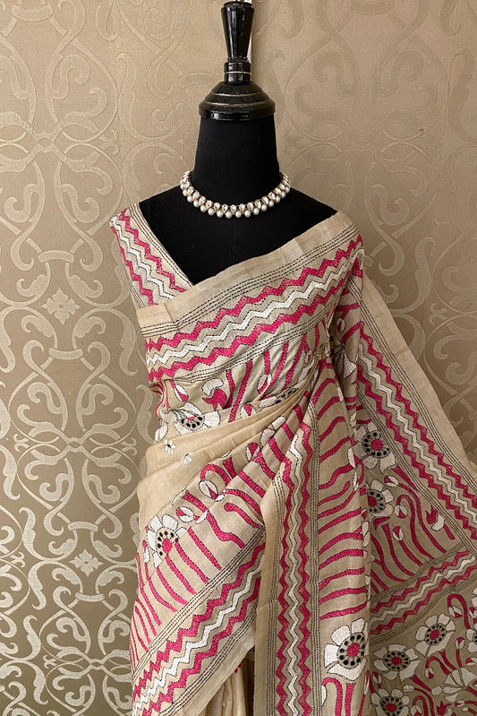 Offwhite Pink Pure Tussar Bengal Kantha Stitch Saree, With Blouse.