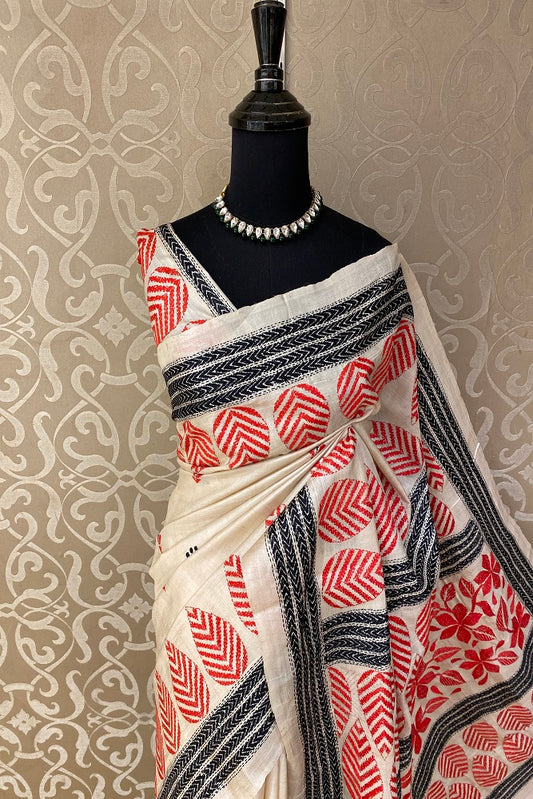 Offwhite Red Pure Tussar Bengal Kantha Stitch Saree, With Blouse.