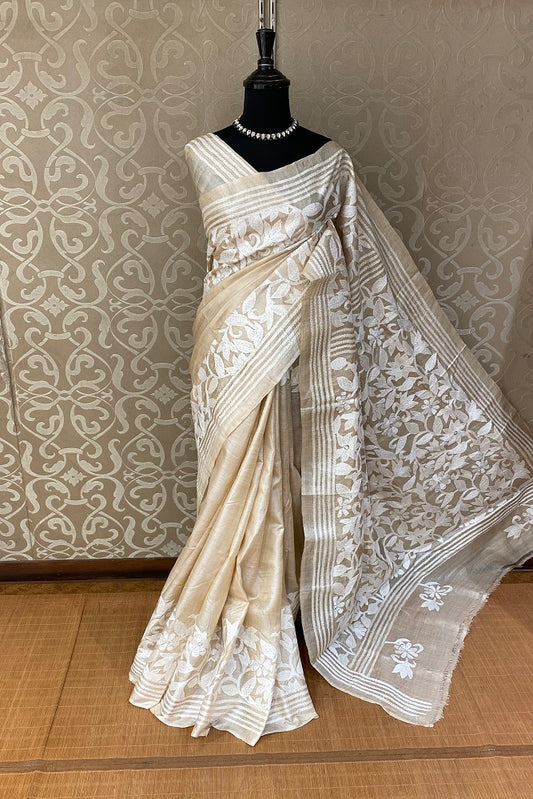 Offwhite Pure Tussar Bengal Kantha Stitch Saree, With Blouse.