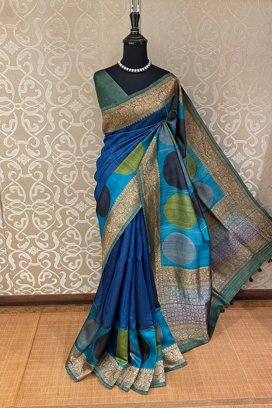 Blue & Multi Tussar Banarasi Printed Saree, With Blouse Piece