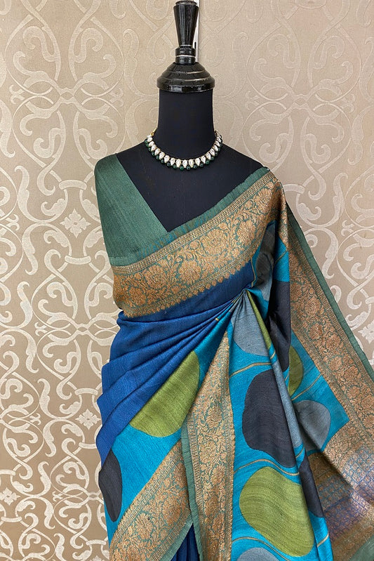 Blue & Multi Tussar Banarasi Printed Saree, With Blouse Piece