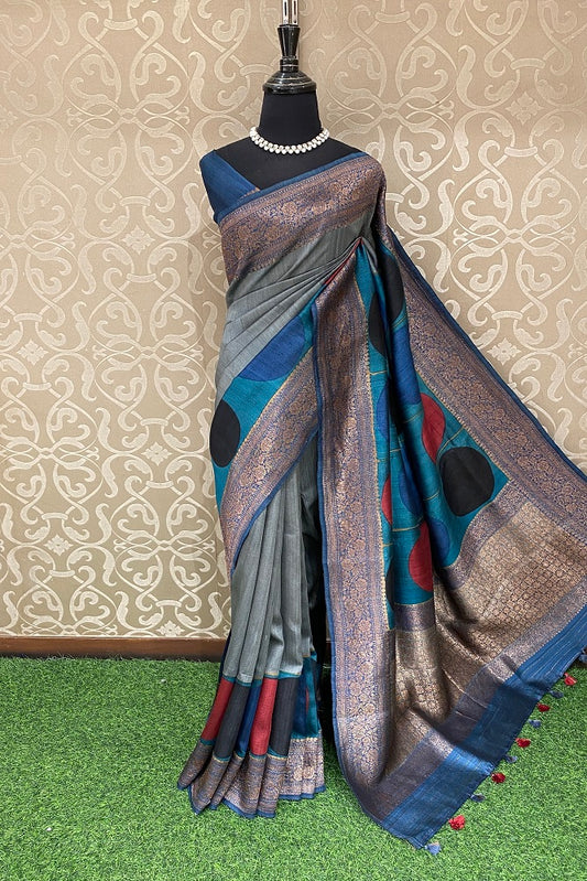 Grey & Multi Tussar Banarasi Printed Saree, With Blouse Piece