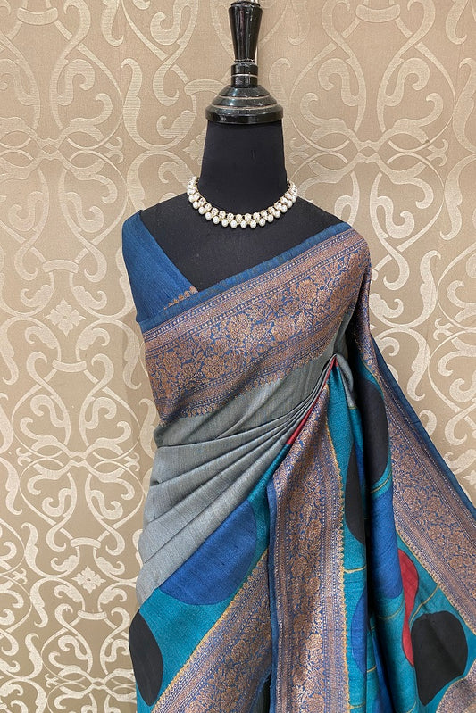 Grey & Multi Tussar Banarasi Printed Saree, With Blouse Piece
