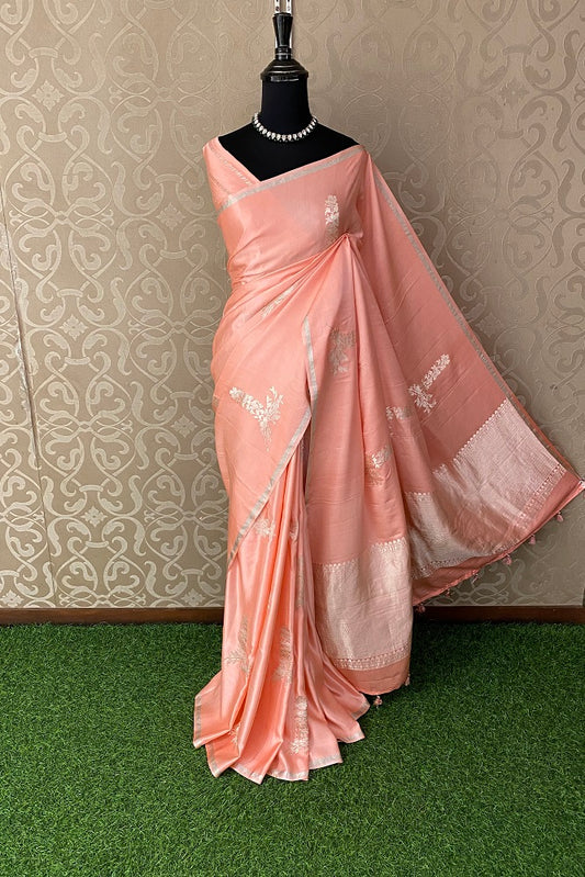 Peach Mashru Silk Banarasi Kadwa Handloom Saree, With Blouse