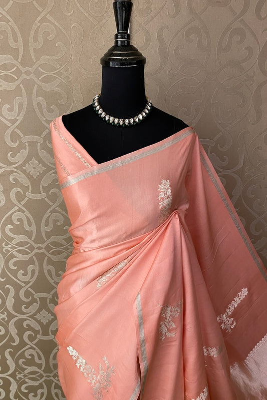 Peach Mashru Silk Banarasi Kadwa Handloom Saree, With Blouse