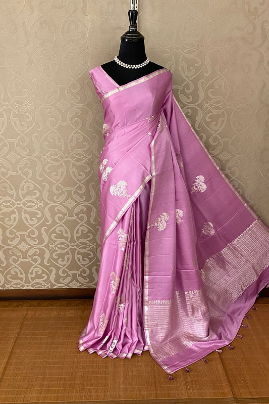 Mauvish Pink Mashru Silk Banarasi Kadwa Handloom Saree, With Blouse