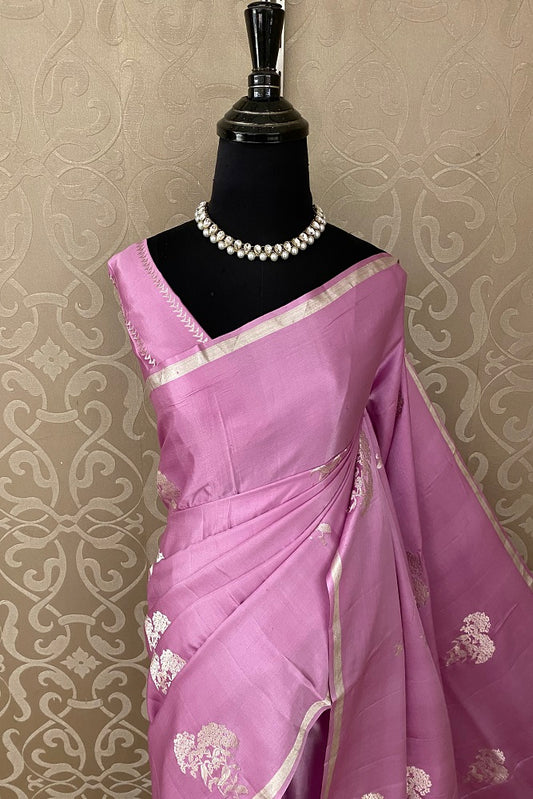 Mauvish Pink Mashru Silk Banarasi Kadwa Handloom Saree, With Blouse
