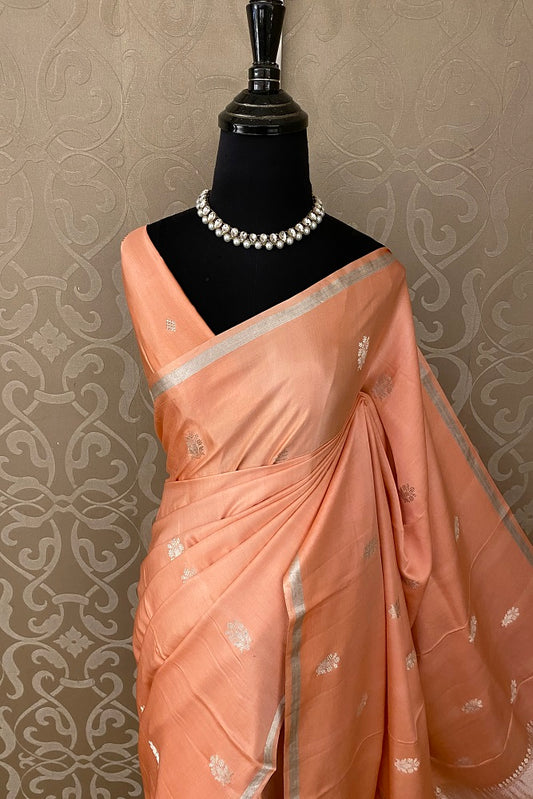 Peach Mashru Silk Banarasi Kadwa Handloom Saree, With Blouse