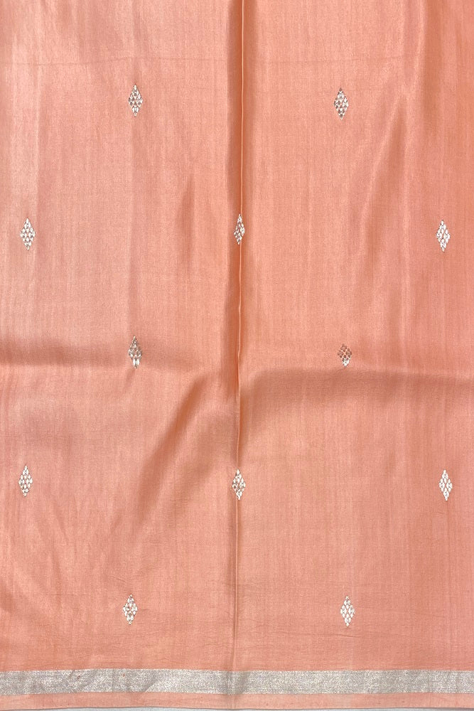 Peach Mashru Silk Banarasi Kadwa Handloom Saree, With Blouse