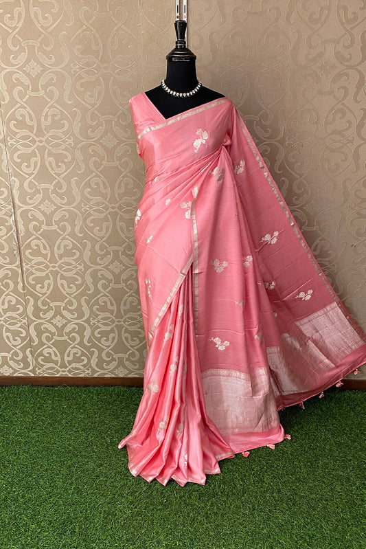 Pink Mashru Silk Banarasi Kadwa Handloom Saree, With Blouse