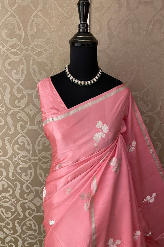 Pink Mashru Silk Banarasi Kadwa Handloom Saree, With Blouse