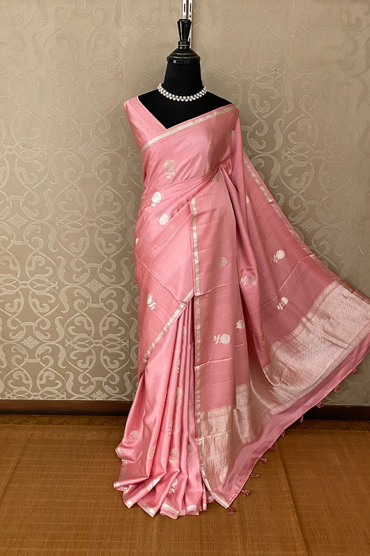 Pink Mashru Silk Banarasi Kadwa Handloom Saree, With Blouse