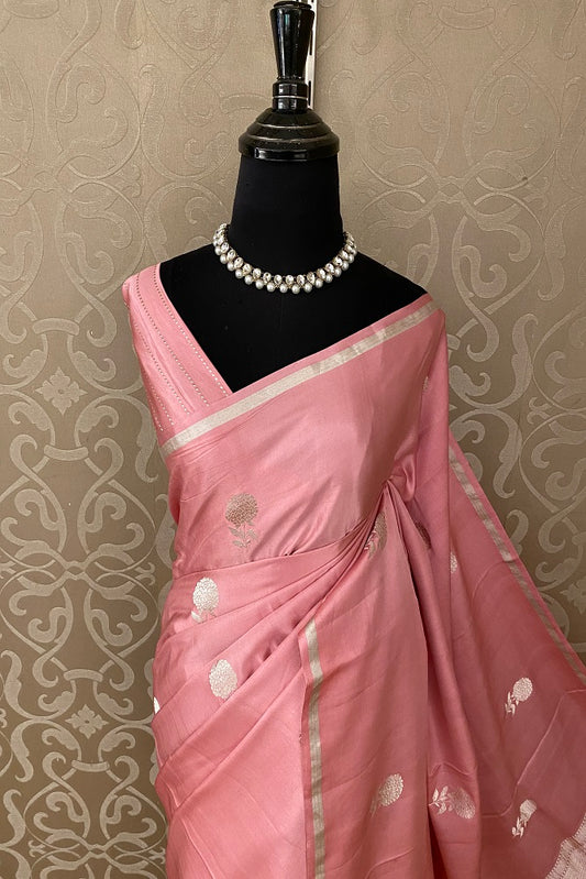 Pink Mashru Silk Banarasi Kadwa Handloom Saree, With Blouse