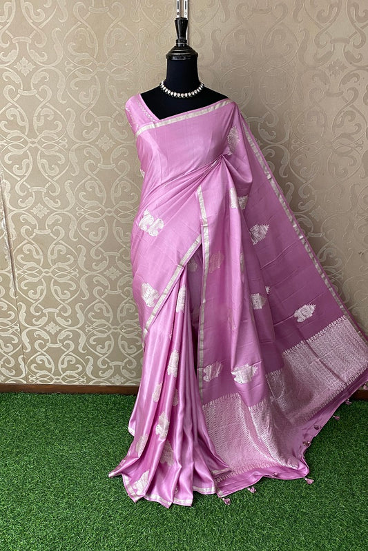 Mauve Mashru Silk Banarasi Kadwa Handloom Saree, With Blouse