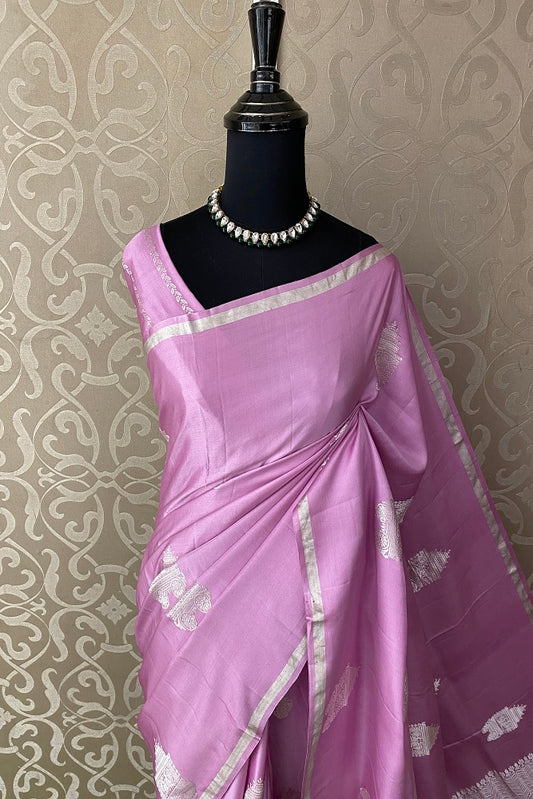 Mauve Mashru Silk Banarasi Kadwa Handloom Saree, With Blouse