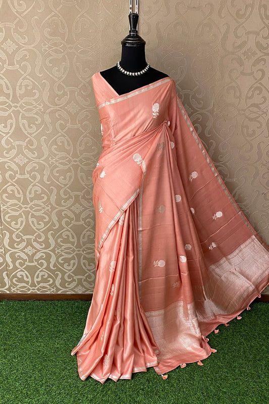 Peach Mashru Silk Banarasi Kadwa Handloom Saree, With Blouse
