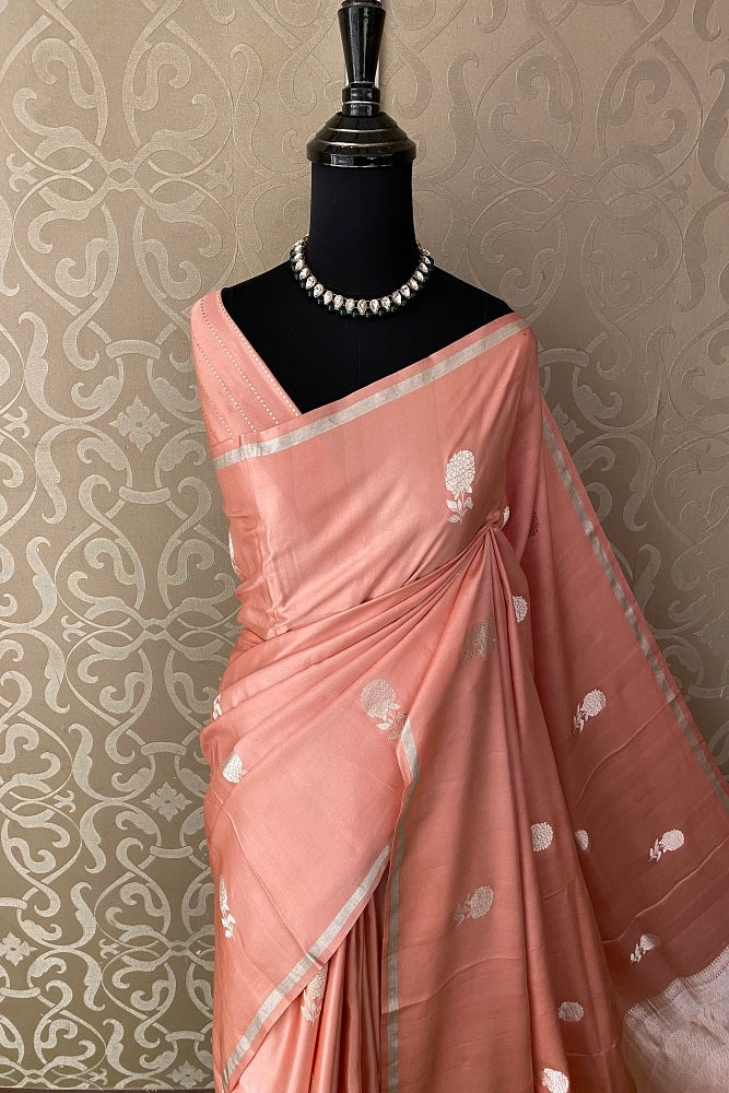 Peach Mashru Silk Banarasi Kadwa Handloom Saree, With Blouse