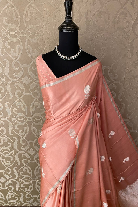 Peach Mashru Silk Banarasi Kadwa Handloom Saree, With Blouse