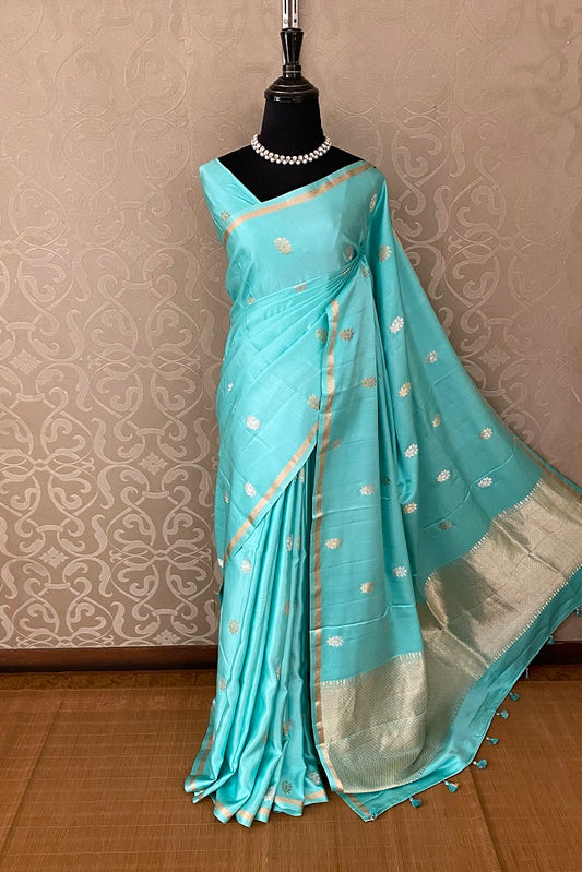Firozi Mashru Silk Banarasi Kadwa Handloom Saree, With Blouse