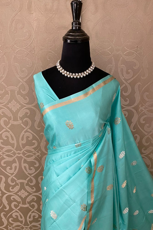 Firozi Mashru Silk Banarasi Kadwa Handloom Saree, With Blouse
