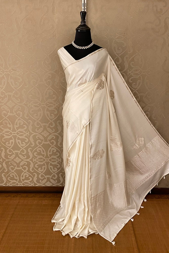 Offwhite Mashru Silk Banarasi Kadwa Handloom Saree, With Blouse