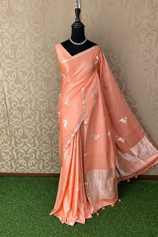 Peach Mashru Silk Banarasi Kadwa Handloom Saree, With Blouse