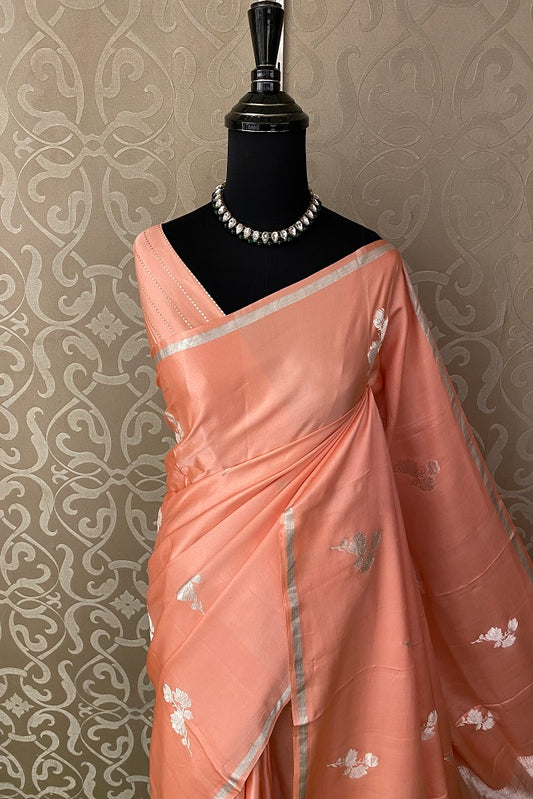 Peach Mashru Silk Banarasi Kadwa Handloom Saree, With Blouse