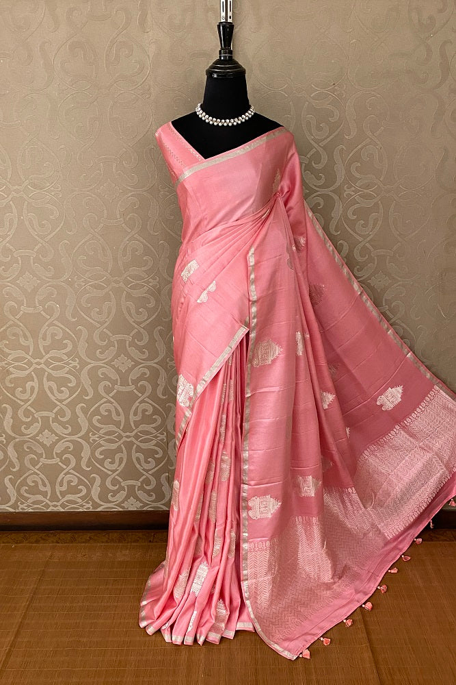 Pink Mashru Silk Banarasi Kadwa Handloom Saree, With Blouse