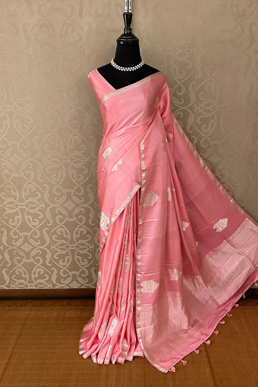 Pink Mashru Silk Banarasi Kadwa Handloom Saree, With Blouse