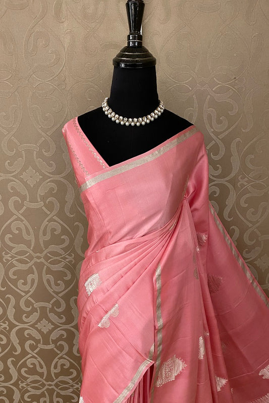 Pink Mashru Silk Banarasi Kadwa Handloom Saree, With Blouse