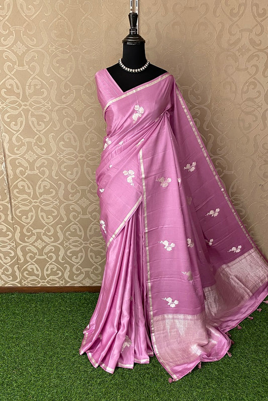 Mauve Mashru Silk Banarasi Kadwa Handloom Saree, With Blouse