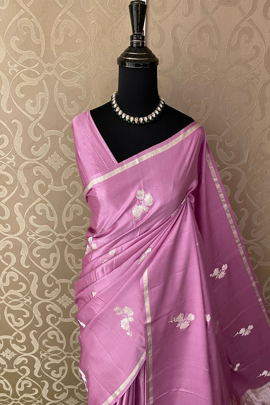 Mauve Mashru Silk Banarasi Kadwa Handloom Saree, With Blouse