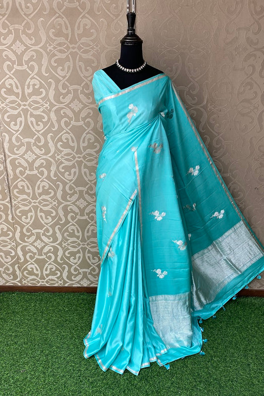 Firozi Mashru Silk Banarasi Kadwa Handloom Saree, With Blouse