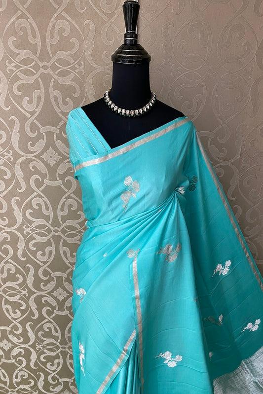Firozi Mashru Silk Banarasi Kadwa Handloom Saree, With Blouse