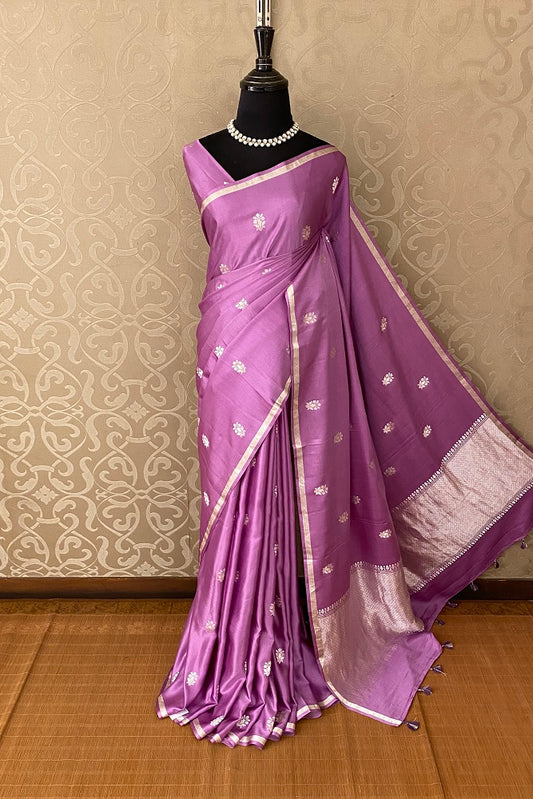 Mauve Mashru Silk Banarasi Kadwa Handloom Saree, With Blouse