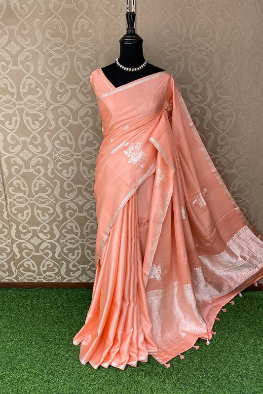 Peach Mashru Silk Banarasi Kadwa Handloom Saree, With Blouse