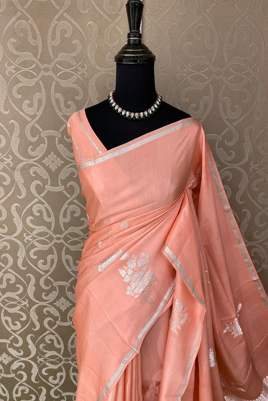 Peach Mashru Silk Banarasi Kadwa Handloom Saree, With Blouse