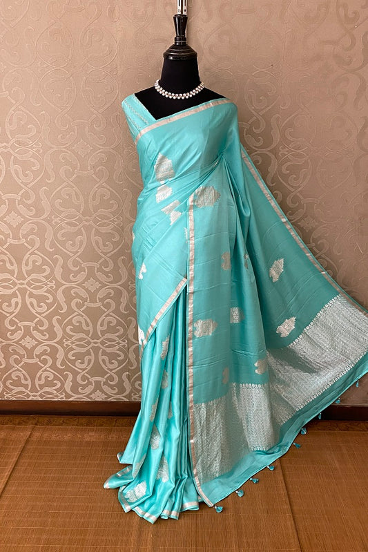 Firozi Mashru Silk Banarasi Kadwa Handloom Saree, With Blouse