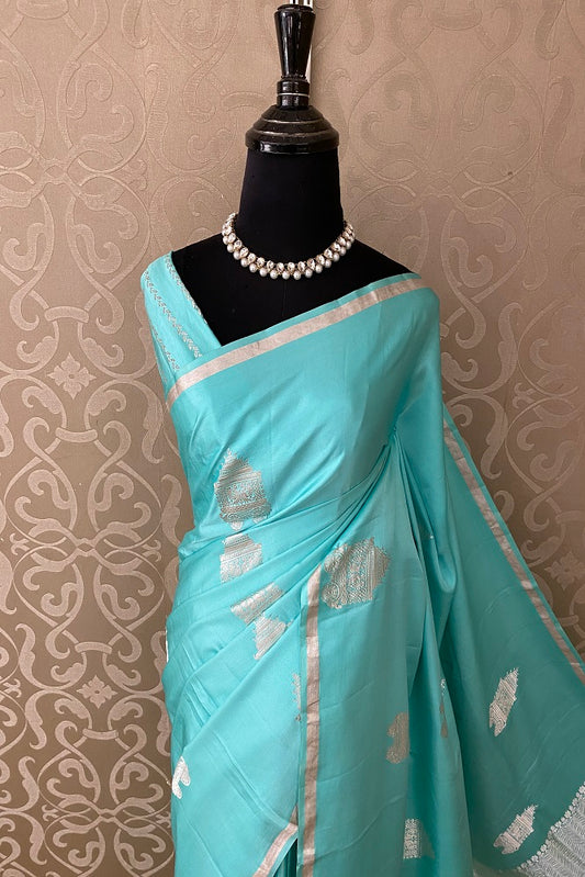 Firozi Mashru Silk Banarasi Kadwa Handloom Saree, With Blouse