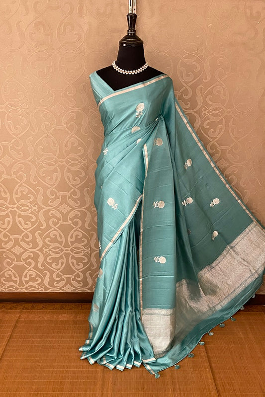 Turquoise Blue Mashru Silk Banarasi Kadwa Handloom Saree, With Blouse