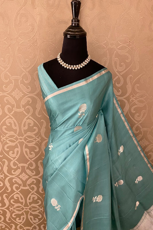 Turquoise Blue Mashru Silk Banarasi Kadwa Handloom Saree, With Blouse