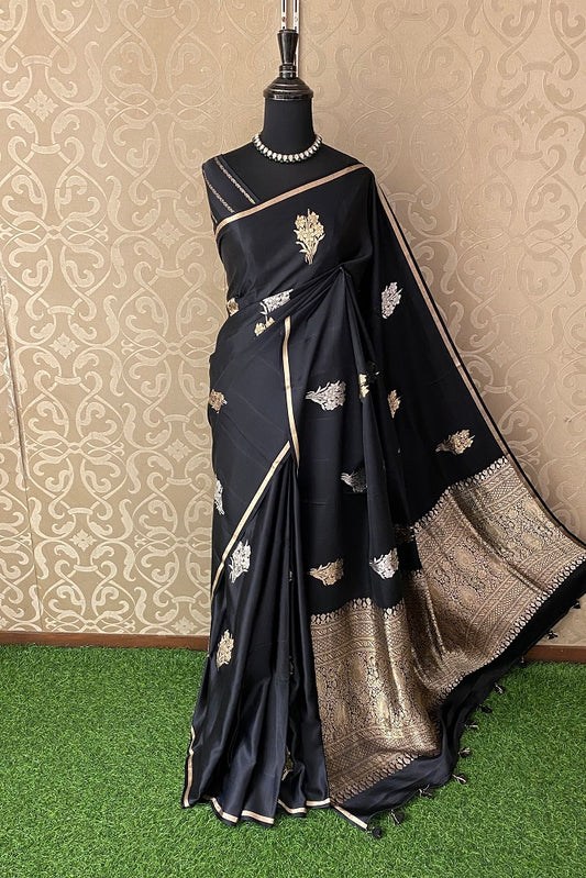 Black Mashru Silk Banarasi Kadwa Handloom Saree, With Blouse