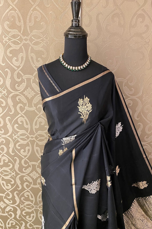 Black Mashru Silk Banarasi Kadwa Handloom Saree, With Blouse