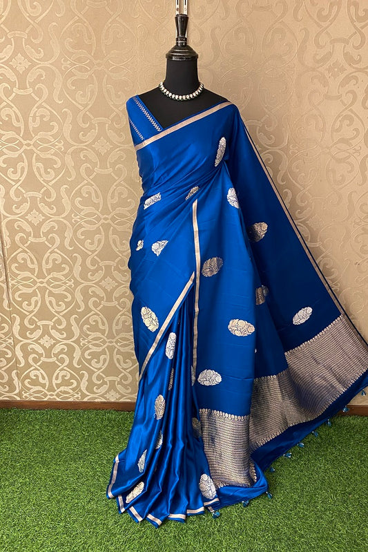 Blue Mashru Silk Banarasi Kadwa Handloom Saree, With Blouse