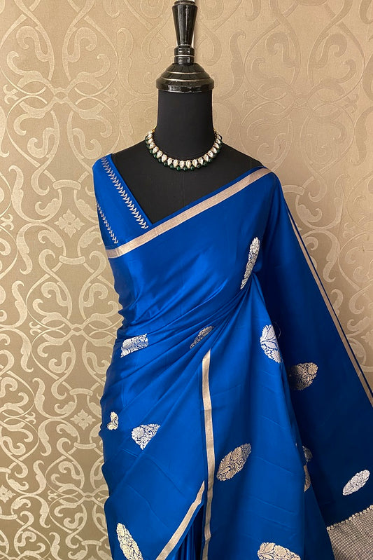Blue Mashru Silk Banarasi Kadwa Handloom Saree, With Blouse