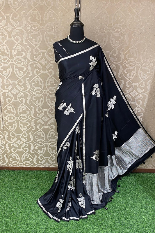 Black Mashru Silk Banarasi Kadwa Handloom Saree, With Blouse