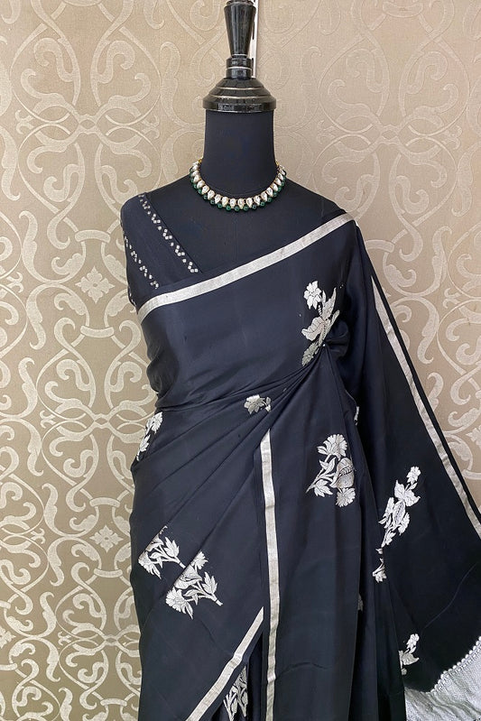 Black Mashru Silk Banarasi Kadwa Handloom Saree, With Blouse
