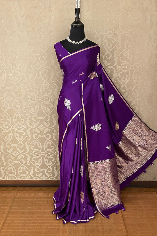 Purple Mashru Silk Banarasi Kadwa Handloom Saree, With Blouse