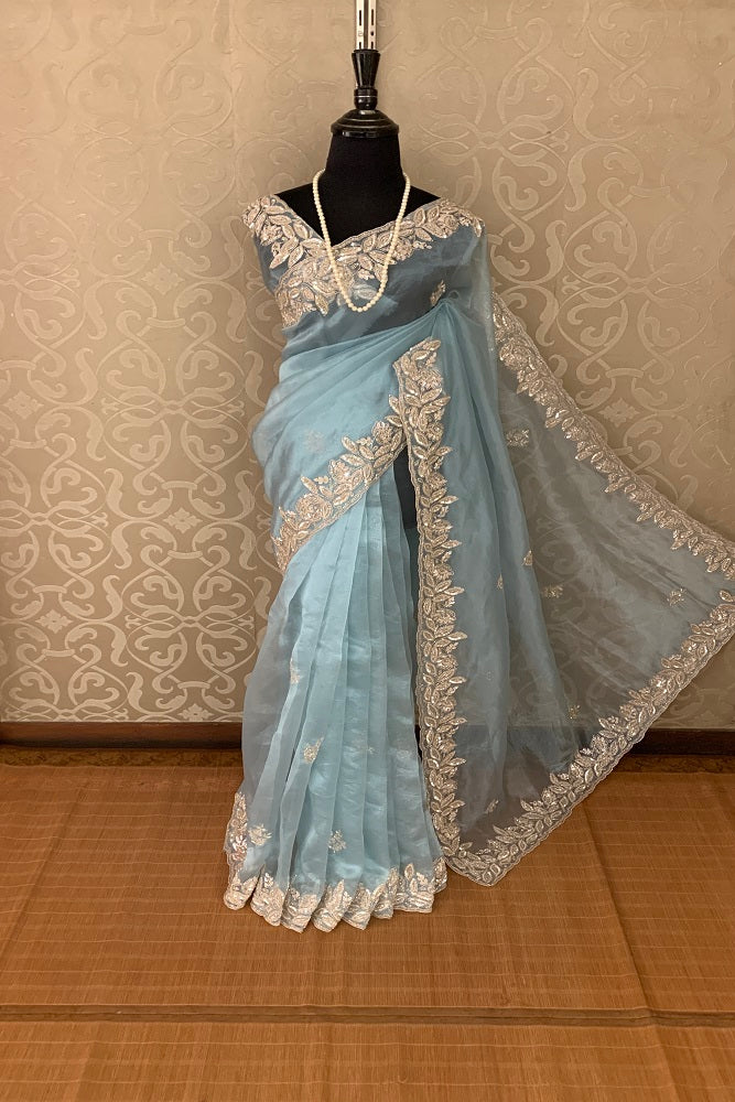 LIGHT BLUE ORGANZA SILK SAREE HAND EMBROIDERY WORK WITH BLOUSE